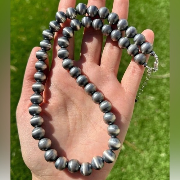 10mm 12 Inch 925 Sterling Silver Oxidized Pearls Bead Necklace Southwestern